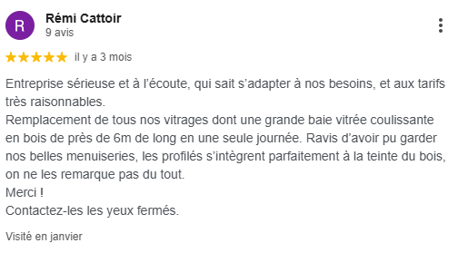 Avis cinq étoiles sur remplacement de vitrages